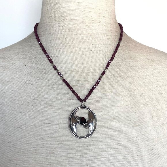 Sterling Silver 925 Beaded Oval Art Nouveau Style Garnet Pendant Necklace 18" - Picture 2 of 16
